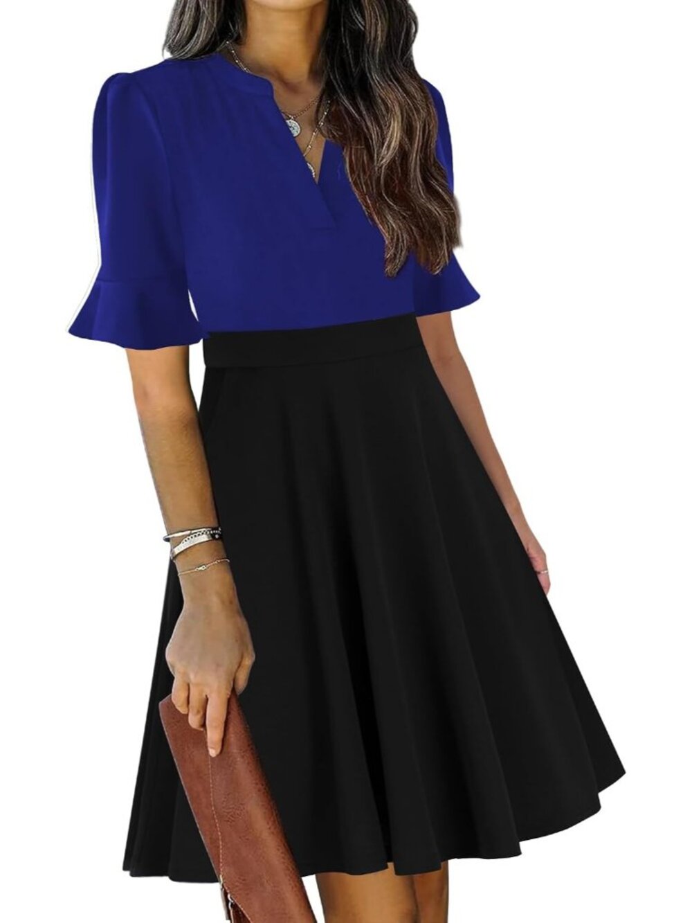 Women's Royal Blue Black Fit Flare Knee Length V Neck Short Sleeve Guest Dress